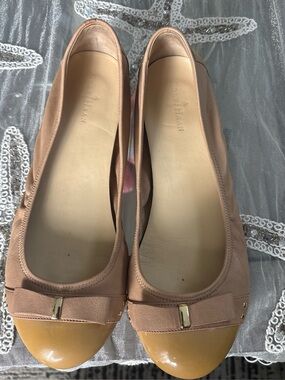 Cole Haan Tan Flats with Mustard Patent Toe and Bow Accent
